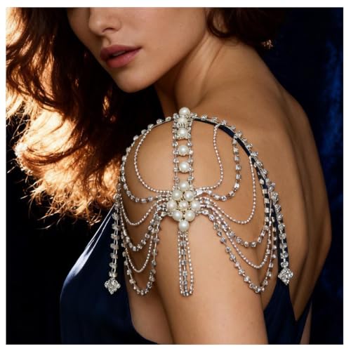 Mulit-layered Pearl Shoulder Chain Jewelry Festival Rave Rhinestone Bra Chain Sexy Bridal Wedding Crystal Arm Chain Jewelry for Women - color: Silver