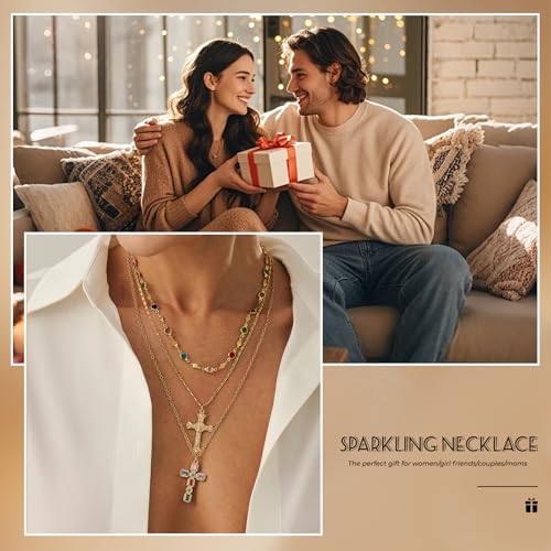 Layered Cross Necklace Set for Women, Layered Choker Necklaces Trendy Jewelry, Colorful Enamel Beaded Y-Shaped Lariat Necklace, Boho Multilayer Cross Necklace for Party and Daily Wear - color: Gold-09