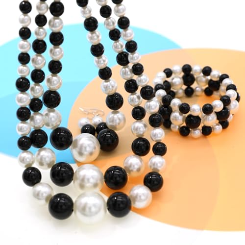 JNF Faux Pearl Statement Necklaces Big Beaded Necklace for Women Chunky Pearls Necklace and Earring Set Large beads Costume Necklace - color: Black white pearl necklace