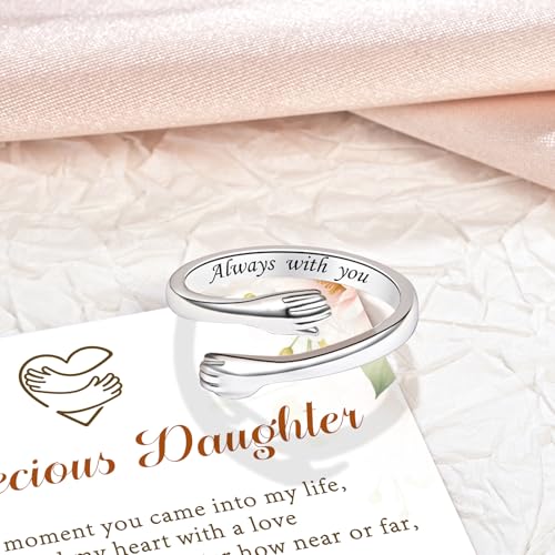 Sterling Silver Hug Ring for Women Teen Girls Adjustable Love Promise Ring Inspirational Open Rings Mothers Day Birthday Gift for Daughter Granddaughter Mom Wife Best Friend - color: Silver / Daughter Gift (Always with you)