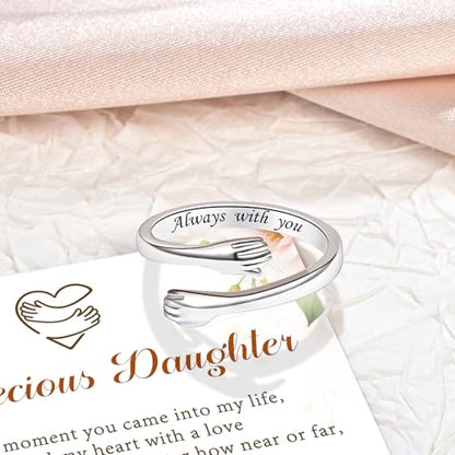 Sterling Silver Hug Ring for Women Teen Girls Adjustable Love Promise Ring Inspirational Open Rings Mothers Day Birthday Gift for Daughter Granddaughter Mom Wife Best Friend - color: Silver / Daughter Gift (Always with you)