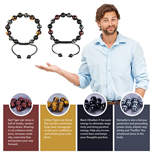 SAMXY Triple Protection Bracelet, 8mm Healing Crystal Bead Bracelet, 3pcs Blue Red Tiger's Eye Obsidian Hematite Bracelet Women Men - color: 2Pcs-10mm
