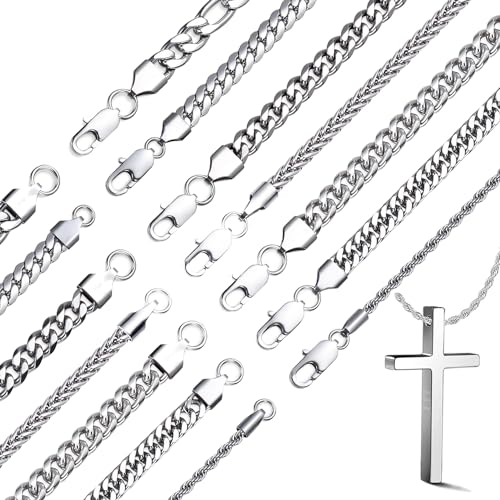 stino 7/8PCs Stainless Steel Chain Necklace Set for Men Women, Silver Tone Necklace Chains Bulk, Figaro Chain, Snake Chain, Cuban Link Chain, Rope Chain. - style: Muti-length- Heavy-7Pcs