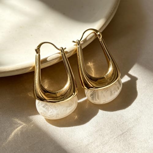 Acrylic Gold Hoop Earrings Chunky Hoop Dangle Drop Huggie Earring Statement Resin Jewelry for Women - color: White