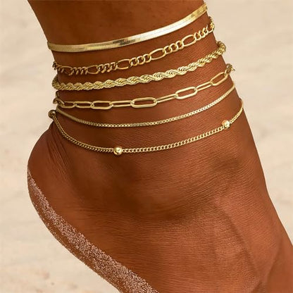 Dainty Ankle Bracelets for Women Waterproof | Layered Gold Plated Tennis Cuban Snake Rope Paperclip Beaded Link Chains Set, Summer Beach Jewelry Gift - color: Gold Anklet E