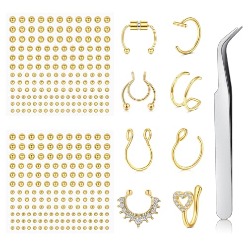 Fake Eyebrow Ring Fake Lip Labret Studs Replacement Balls Spike with 100pcs Sticker Non-Piercing Body Jewelry Fake Skin Piercing - color: F3-Gold