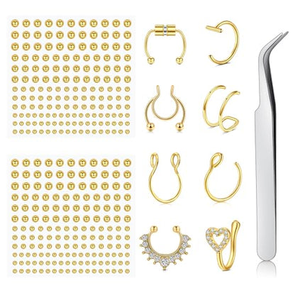 Fake Eyebrow Ring Fake Lip Labret Studs Replacement Balls Spike with 100pcs Sticker Non-Piercing Body Jewelry Fake Skin Piercing - color: F3-Gold
