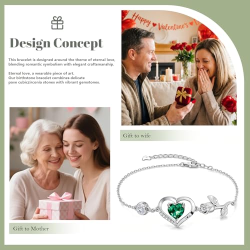 1CT Rose Heart Birthstone Bracelet for Women Love Gift - style: 05-May Emerald Silver