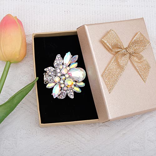 CSY Luxury Froral Cocktail Statement Rings Stretch Adjustable Ring | Gorgeous Women's Austrian Crystal Leaves Flower Big Cocktail Statement Rings Stretch Adjustable Ring Jewelry Accessories - color: AB Crystal