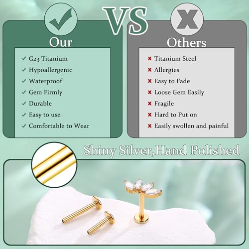 LOLIAS 16G G23 Titanium Tragus Conch Helix Piercing Jewelry 6mm 8mm 10mm - Internally Threaded Flat Back Stud Cartilage Earrings Hypoallergenic Forward Earlobe Labret Tragus Piercing Jewelry - color: 4 Leaf-14K Gold