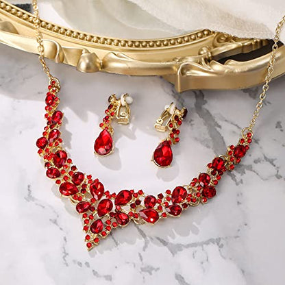 Wedding Statement Necklace Clip-on Earrings Jewelry Set | Sparkling Austrian Crystal Teardrop Cluster for Party Prom Accessories - color: 12-Ruby Color Gold-Tone