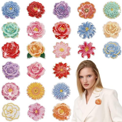 Kenning 24 Pcs Flowers Diamond Painting Brooch for Women Gifts Bulk Diamond Art Kits for Adults 5D Rhinestones Floral Lapel Pins Brooch for Beginner DIY Jewelry Crafts Wedding Party Decor