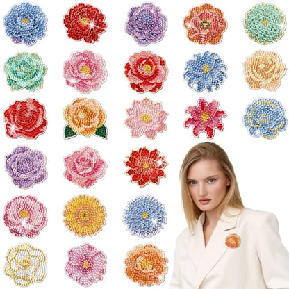 Kenning 24 Pcs Flowers Diamond Painting Brooch for Women Gifts Bulk Diamond Art Kits for Adults 5D Rhinestones Floral Lapel Pins Brooch for Beginner DIY Jewelry Crafts Wedding Party Decor