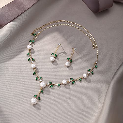 EVER FAITH Cubic Zirconia Pearl Leaf Vine Wedding Jewelry Set for Bride | Crystal Filigree Bridal Necklace Earrings, for Women Bridesmaid - color: 2pcs_Green Gold-Plated-Brass