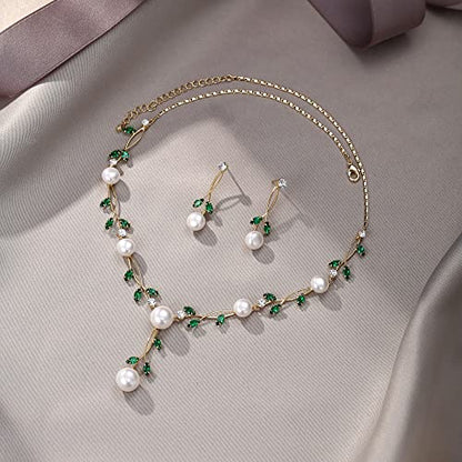 EVER FAITH Cubic Zirconia Pearl Leaf Vine Wedding Jewelry Set for Bride | Crystal Filigree Bridal Necklace Earrings, for Women Bridesmaid - color: 2pcs_Green Gold-Plated-Brass
