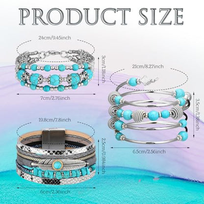 Inbagi 3 Pcs Western Jewelry for Women Turquoise Bracelet Native American Jewelry Western Gift for Women Silver Bohemian Turquoise Cuff Bracelets(Vintage) - style: Vintage