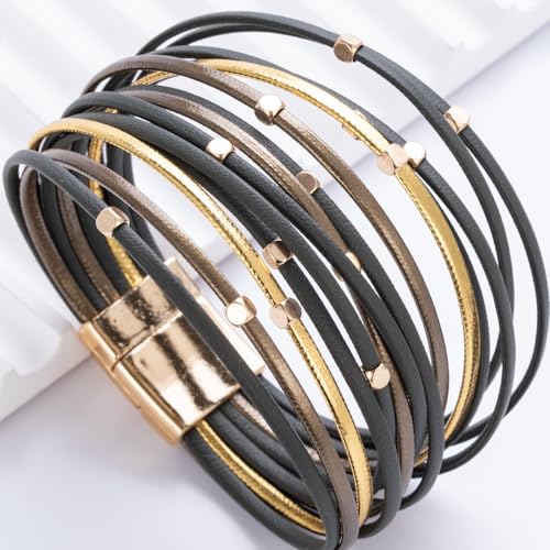 Stackable Beaded Leather Wrap Bracelet Boho Western Country Beach Jewelry | Layered Bead Stack Multi Strand Magnetic Clasp Cuff Bangle Bohemian Hippie Cowgirl Fashion Summer Vacation Outfits for Women - color: Green