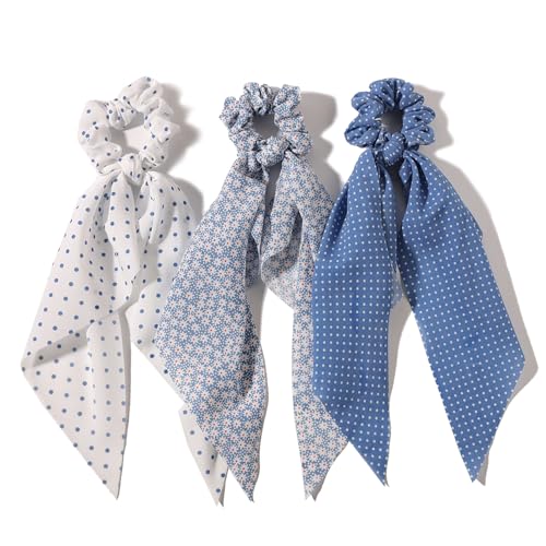 LFOUVRE Elastic Hair Scrunchies and Ribbons - Knotted Bow Hair Ties, Scarf Scrunchies Ponytail Holders for Women and Girls 3pcs - color: White Light Blue Royal Blue