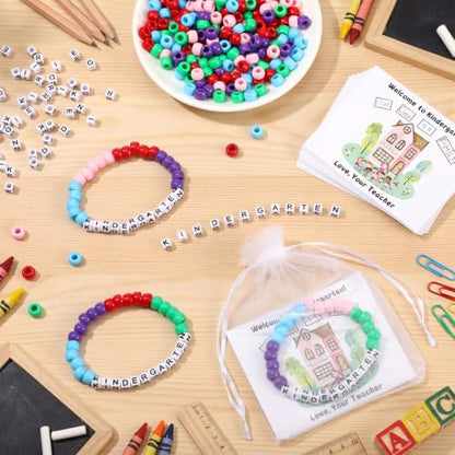 Tondiamo 24 Sets Kinder Back to School Gifts Friendship Bracelet Making Kit for Students Include Our Class is a Family Greeting Cards Beads Strings Bags DIY Kit for First Day of School Classroom - style: Kinder