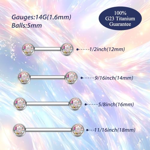 FUNLMO 2pcs Nipple Piercing Jewelry Titanium Nipple Rings Internally Threaded Tongue Rings Bridge Piercing Jewelry Nipple Barbells 14G 12-20mm - color: Silver,Aurora Borealis CZ
