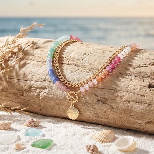 Colorful Acrylic Beaded Necklace For Women, Boho Double Layer Rainbow Beads Thick Cuban Chain Chunky Heart Pendant Statement Choker Summer Beach Jewelry Gift - color: Colorful Gold Shell