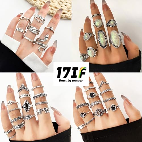 17IF Vintage Silver Knuckle Rings Set for Women Men, Chunky Boho Rings | Aesthetic Snake Grunge Stackable Gothic Ring Adjustable Y2K Punk Bulky Finger Alt of Rings, Stacking Flower Midi Ring Pack - style: 42
