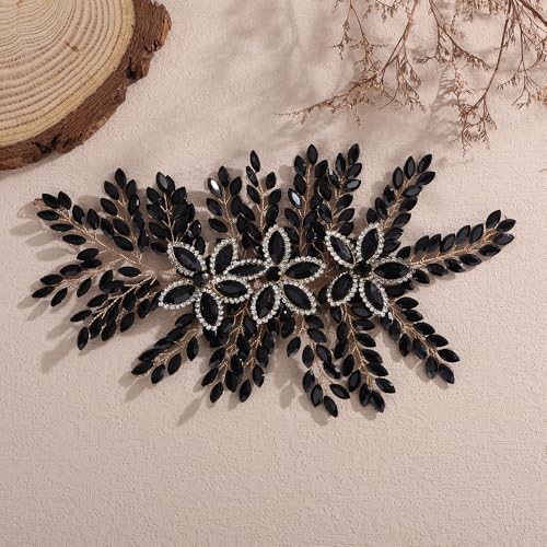 Teyglen Large Full Rhinestone Headband Flower Crystal Bride Wedding Headband Hair Vine Bridal Rhinestone Headpiece Wedding Hair Accessories for Women Party Prom (Black) - color: Black