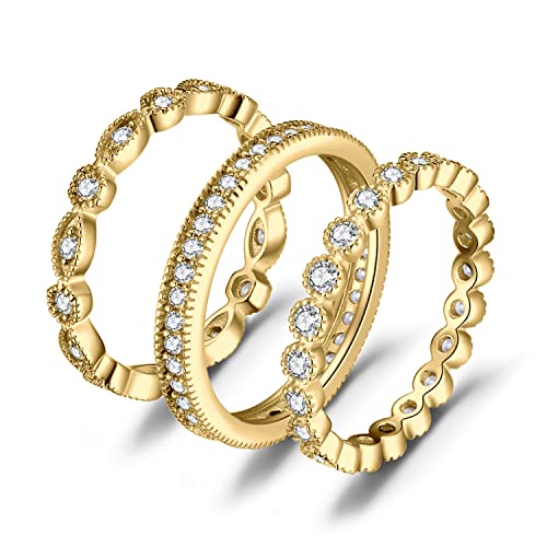 JewelryPalace 14K Gold Plated 925 Sterling Silver Rings for Women, Cubic Zirconia Promise Rings for Her, Stackable Wedding Bands Rings for Women Set Size 4-12 - color: B-3Pcs-Yellow Gold Plated