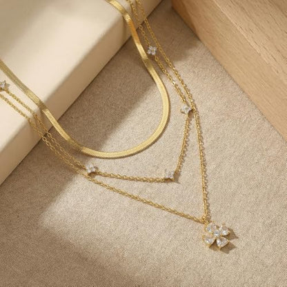 14k Gold Plated Layered Cubic Zirconia Pendant Necklace for Women | Gold Plated Clover Necklaces Stackable Dainty Cubic Zirconia Pendant Necklace，Mother's Day, Thanksgiving Jewelry Trendy gifts - color: Golden, style: Style1