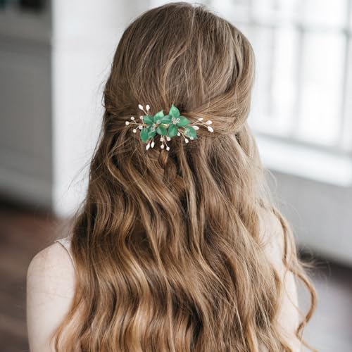 Wedding Hair Clips, Crystal Hair Pins Pearl Rhinestone Hair Barrettes, Bridal Flower Hair Pieces Pearl Headpieces Hair Accessories for Women Girls (Green) - color: Green