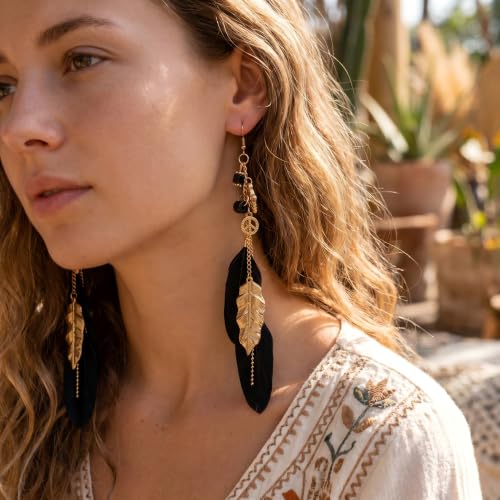 FRESHME Native American Earrings for Women - Ethnic Boho Feather Dangle Jewelry with Tessel for Birthday Party Photoshoot - color: Black