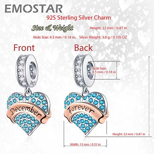 EMOSTAR Jan-Dec Birthstone Charms fits European Birthday Bracelet, Dangle 925 Sterling Silver Heart Shaped Pendant with 12 Months Birthstones, Gifts for Mom/Women - color: December Birthstone