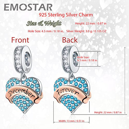 EMOSTAR Jan-Dec Birthstone Charms fits European Birthday Bracelet, Dangle 925 Sterling Silver Heart Shaped Pendant with 12 Months Birthstones, Gifts for Mom/Women - color: December Birthstone