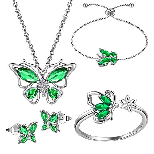 925 Sterling Silver Birthstone Butterfly Jewelry Women Crystal Animal Cute Butterflies Birthday Necklace/Earring/Ring/Bracelet Sets Birth Stone Statement Anniversary Jewellery - color: 3-E.May-Emerald