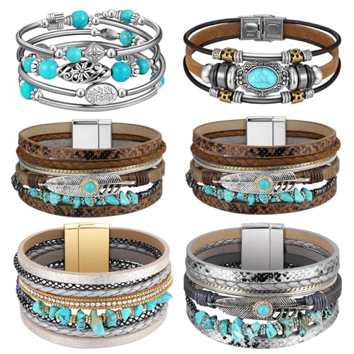 6 Pcs Turquoise Bracelet for Women Leather Bracelet Western Jewelry for Women Multilayer Boho Cuff Bangle Set - style: Classic
