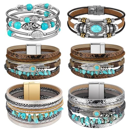 6 Pcs Turquoise Bracelet for Women Leather Bracelet Western Jewelry for Women Multilayer Boho Cuff Bangle Set - style: Classic