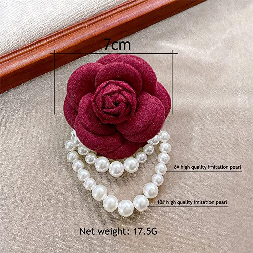 Wool Camellia Flower Pearl Tassel Brooches Pins Delicate Flowers Brooch Classic for Wedding Party Dance Banquet for Women Dainty Elegant Lapel Pins Dress Suit Accessories - color: Red