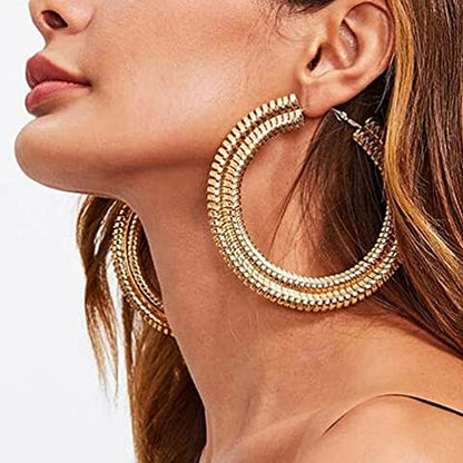 Extra Large Chunky Cuban Hoop Earrings Geometric Double Layered Round Loop Boho Earrings for Women (80mm gold) - size: 80mm gold