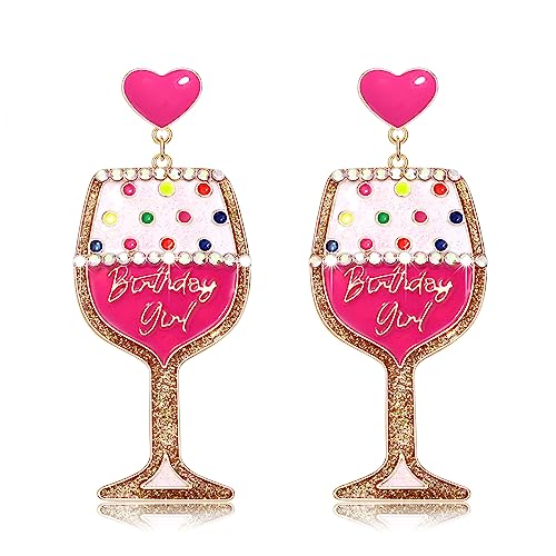 Birthday Earrings for Women Happy Birthdays Earrings Statement Cake Champagne Bottle Earring Happy Birthdays Dangle Earring Birthday Gifts Party Favors - color: Wine Glass