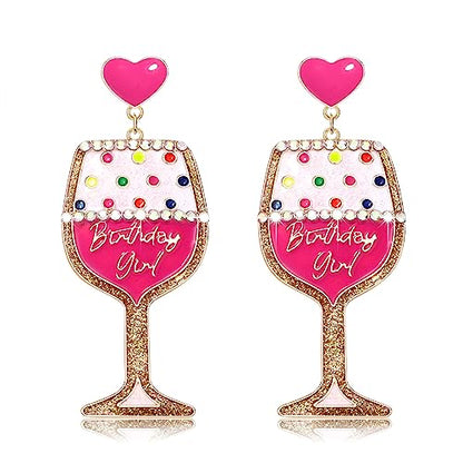 Birthday Earrings for Women Happy Birthdays Earrings Statement Cake Champagne Bottle Earring Happy Birthdays Dangle Earring Birthday Gifts Party Favors - color: Wine Glass