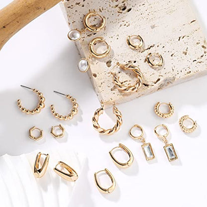 9 Pairs Gold Chunky Hoop Earrings Set for Women, 14K Gold Plated Twisted Huggie Hoop Earring Hypoallergenic, Lightweight Thick Open Hoops Earrings Jewelry Gifts. - color: A-9 Gold Hoop Earrings