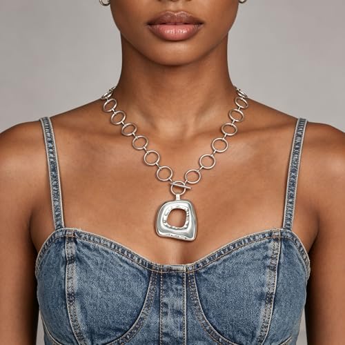 Sora Tuki Gold Chunky Necklace for Women Trendy Big Silver Statement Necklace Large Heart Hollow Square Necklaces Bold Thick Chain OT Toggle Necklaces Boho Chunky Jewelry - color: Style 2 - Silver-Square