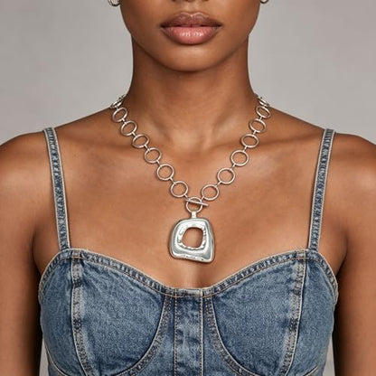 Sora Tuki Gold Chunky Necklace for Women Trendy Big Silver Statement Necklace Large Heart Hollow Square Necklaces Bold Thick Chain OT Toggle Necklaces Boho Chunky Jewelry - color: Style 2 - Silver-Square