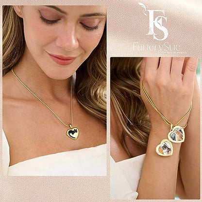 Fanery Sue Personalized Pet Locket Picture Necklace,Dog Cat Memory Gift | Custom Engraved Heart Photo Lockets Necklaces,Dog Cat Sympathy Memorial Jewelry for Women Men - color: Golden, style: 2 Cats