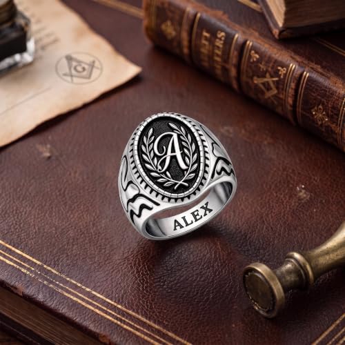 Dacc & Aya Custom Engraved Vintage Signet Ring 925 Sterling Silver Black Oxidized Personalized Statement Jewelry for Men - style: F-Letter