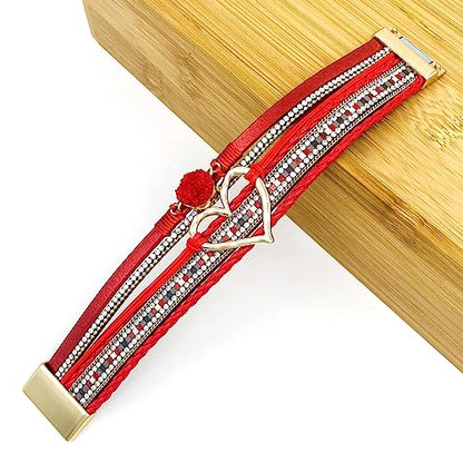 Womens Love Heart Leather Wrap Bracelet Multi-layer Stacked Bangle | Magnetic Clasp Soft PU Leather Resin Stone Rhinestone Boho Style Birthday Valentine Christmas Bohemian Jewelry Gift - color: Red
