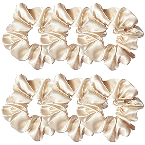 6 Pcs Satin Silk Scrunchies, Soft Hair Ties, Fashion Hair Bands, Bow Ropes, Elastic Ponytail Holders for Women and Girls (4.5 Inch, Beige) - color: Beige