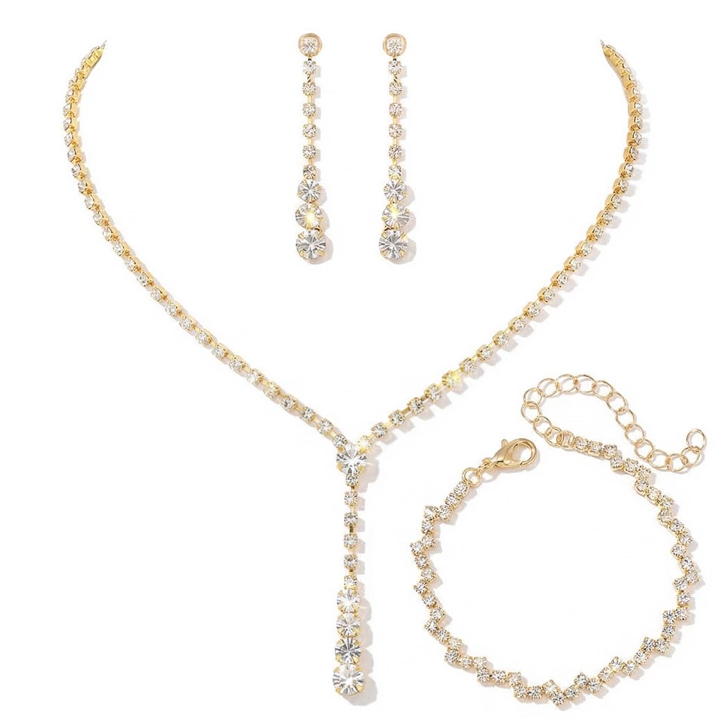 Bride Silver Bridal Necklace Earrings Set Crystal Wedding Jewelry Set Rhinestone Choker Necklace for Women and Brides - color: D Gold