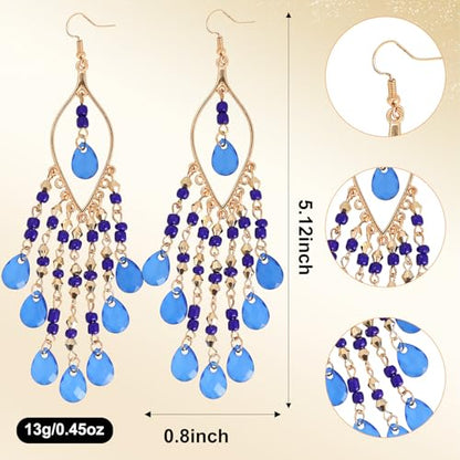 Boho Chandelier Earrings, Beaded Tasse Dangle Earring for Women, Red, Black, Blue, White, Colorful Long Earrings - color: Blue