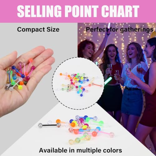 32 Pcs Glow in the Dark Acrylic Tongue Rings, 14G | Straight acrylic barbells, assorted luminous colors, lightweight body jewelry, daily and party styling